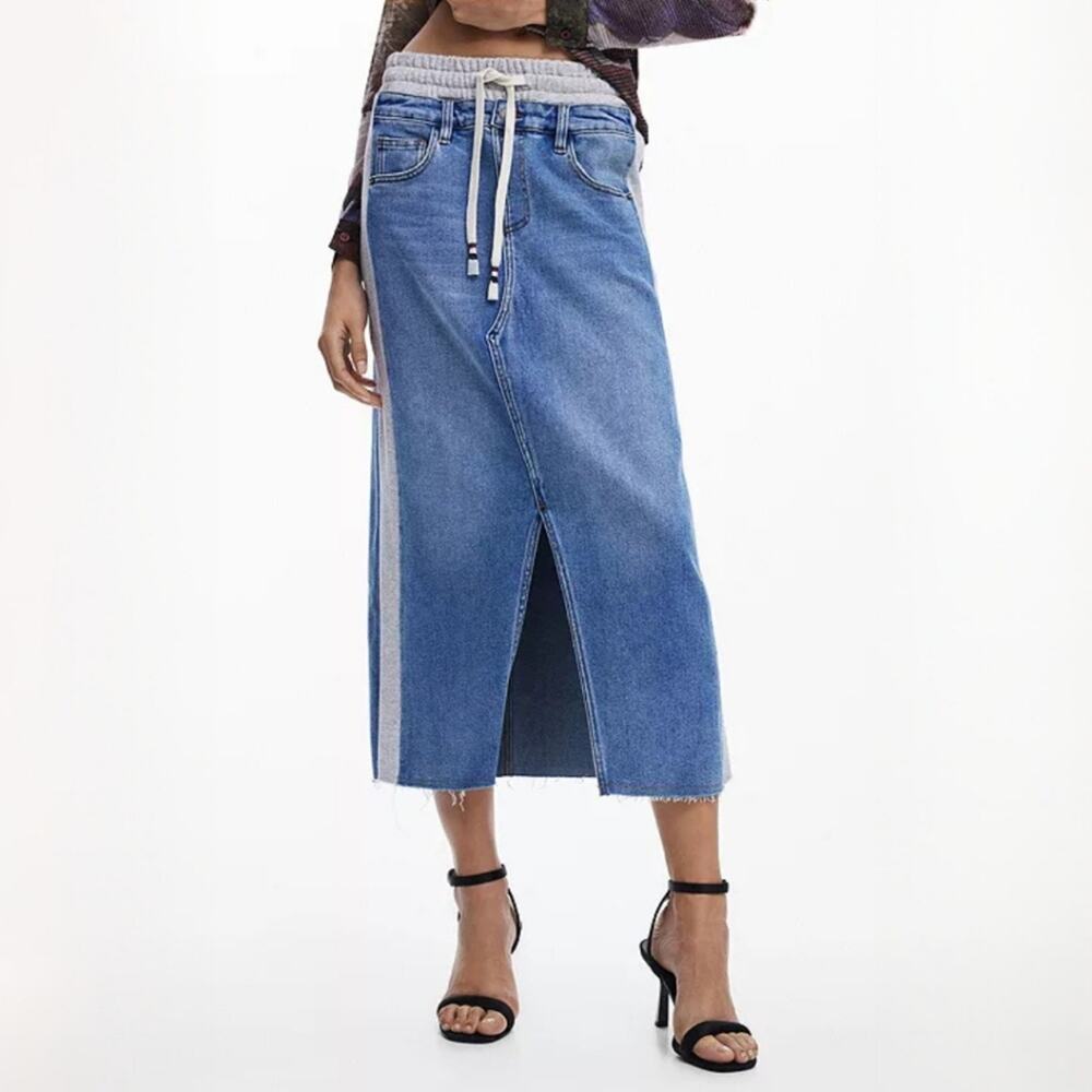 DESIGUAL Denim Hybrid Midi Skirt With Slit And Pockets Artsy Size Small - Picture 15 of 16